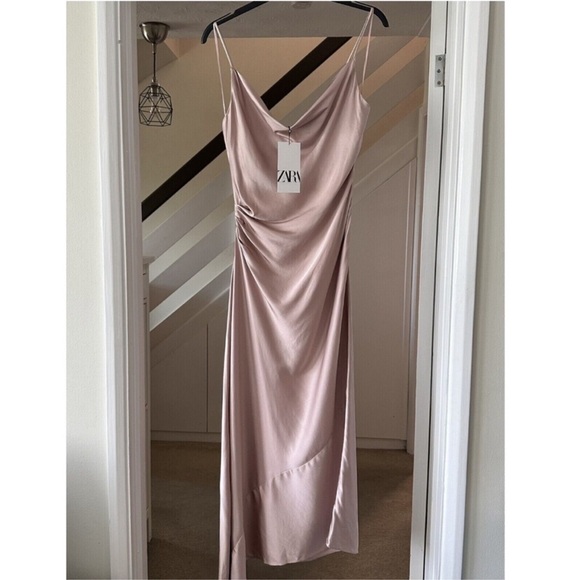 Zara NWT satin pink ruched midi slip dress - Picture 10 of 11